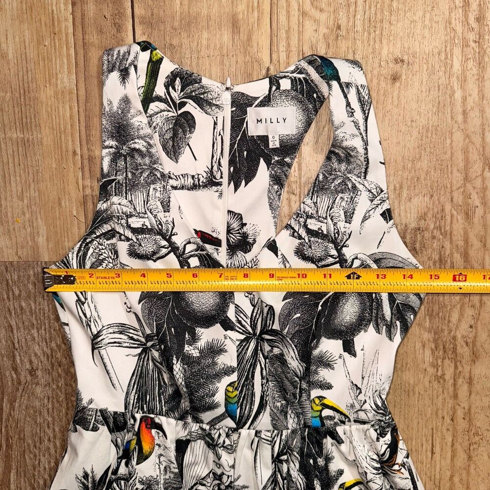 MILLY Fit & Flare Dress 0 NWOT White Black Tropical Print Sleeveless Lined USA - Picture 5 of 6